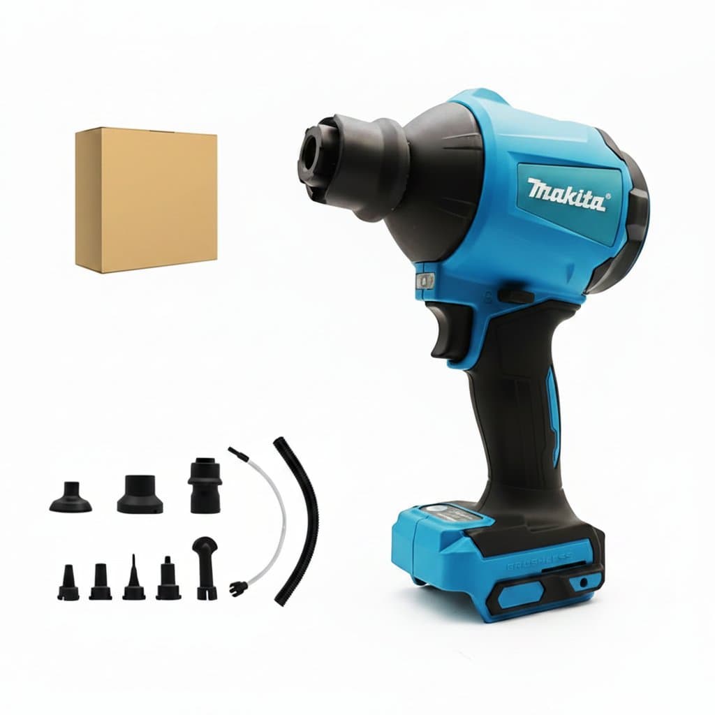 Makita DAS180 cordless air blower, a brushless 18V tool for dust removal, inflating, and cleaning with included nozzle.