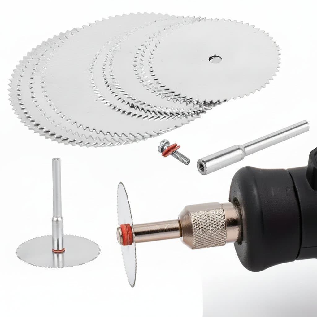 11-piece set of mini circular saw blades and stainless steel cutting discs for wood, metal, and plastic with rotary tools.