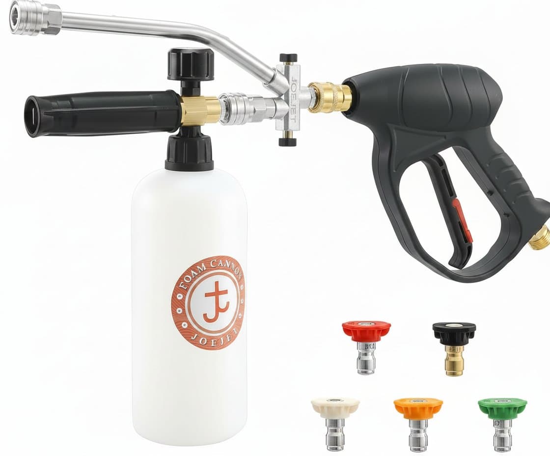 Short pressure washer gun with attached foam cannon and dual quick-connect fittings, includes five nozzles and a 1-liter foam solution bottle.