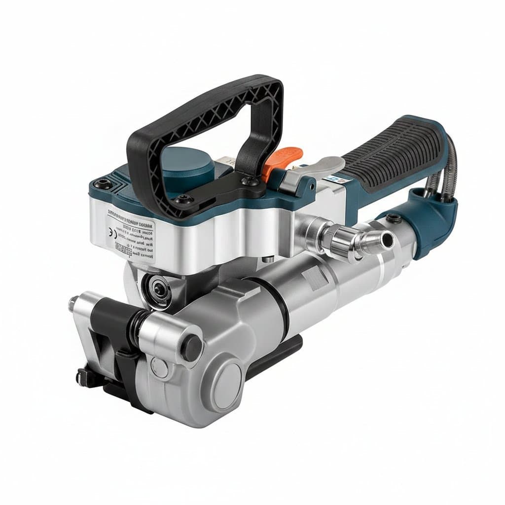 B19 handheld pneumatic strapping machine for pallet banding, packing 13-19mm PP and PET plastic belts with ergonomic grip.