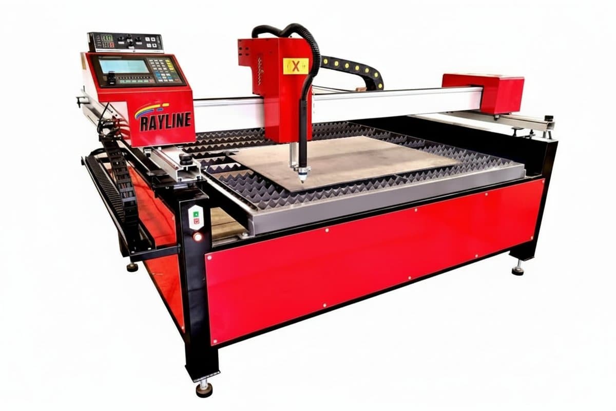 High-quality portable CNC plasma cutter machine with a 4x8ft cutting bed, featuring a robust steel frame and digital control console.