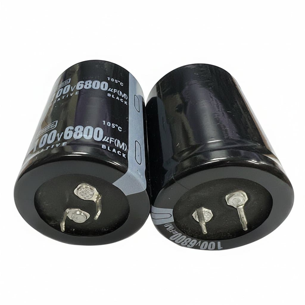 High-capacitance aluminum electrolytic capacitor assortment with voltage ratings from 35V to 450V and values from 100uF to 10000uF.