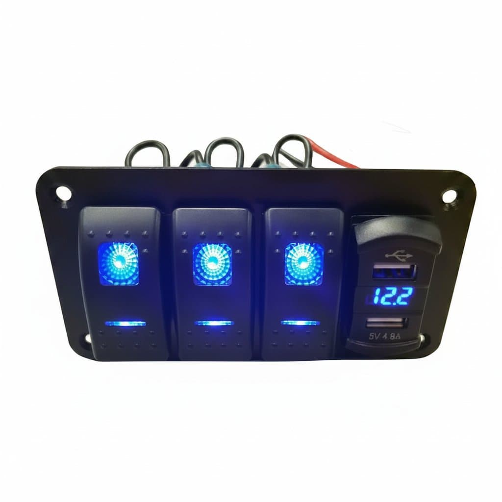 8 Gang LED Rocker Switch Panel with Voltmeter and dual USB fast charger for car, marine, or boat installation