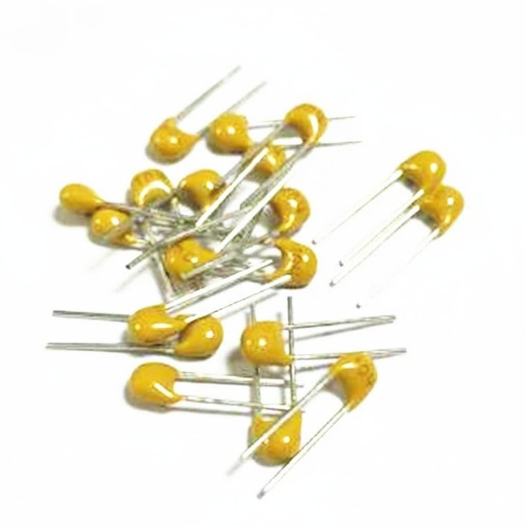100PCS of 0.1uF 104 monolithic ceramic capacitors in a 2.54mm DIP package, ideal for breadboards and PCB prototyping.