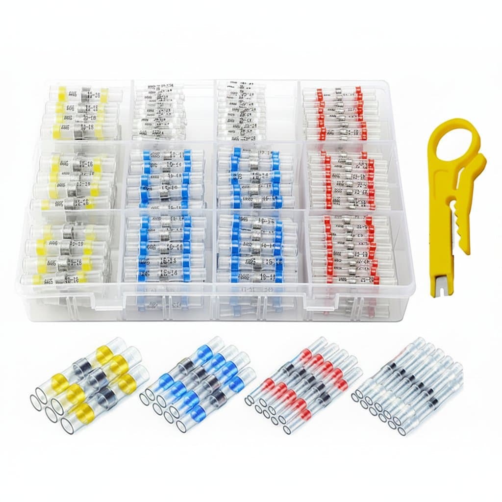 Waterproof solder seal electrical connectors kit with 50 to 800 pieces of heat shrink butt crimp terminals for automotive and marine wire splicing.