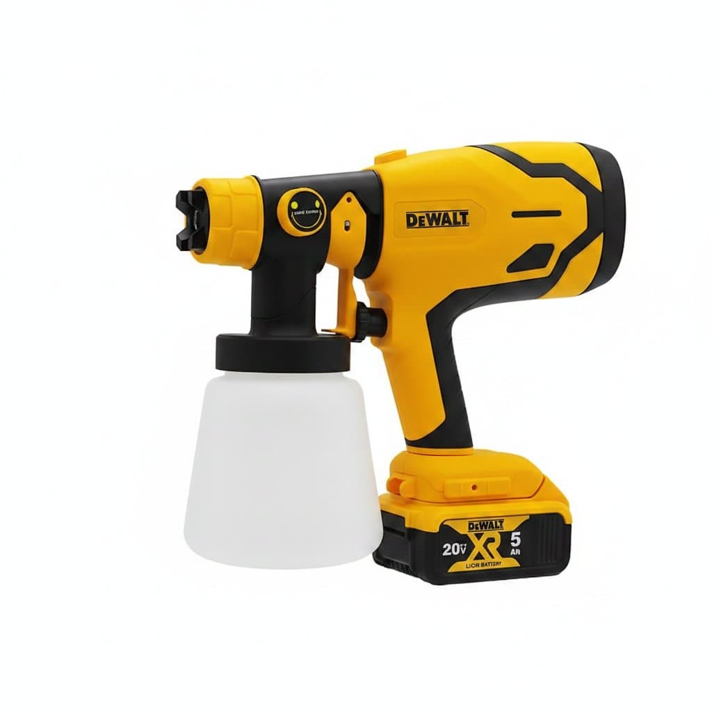Dewalt cordless paint sprayer with 800ml tank, high power motor, and battery compatibility for furniture coating and DIY projects.