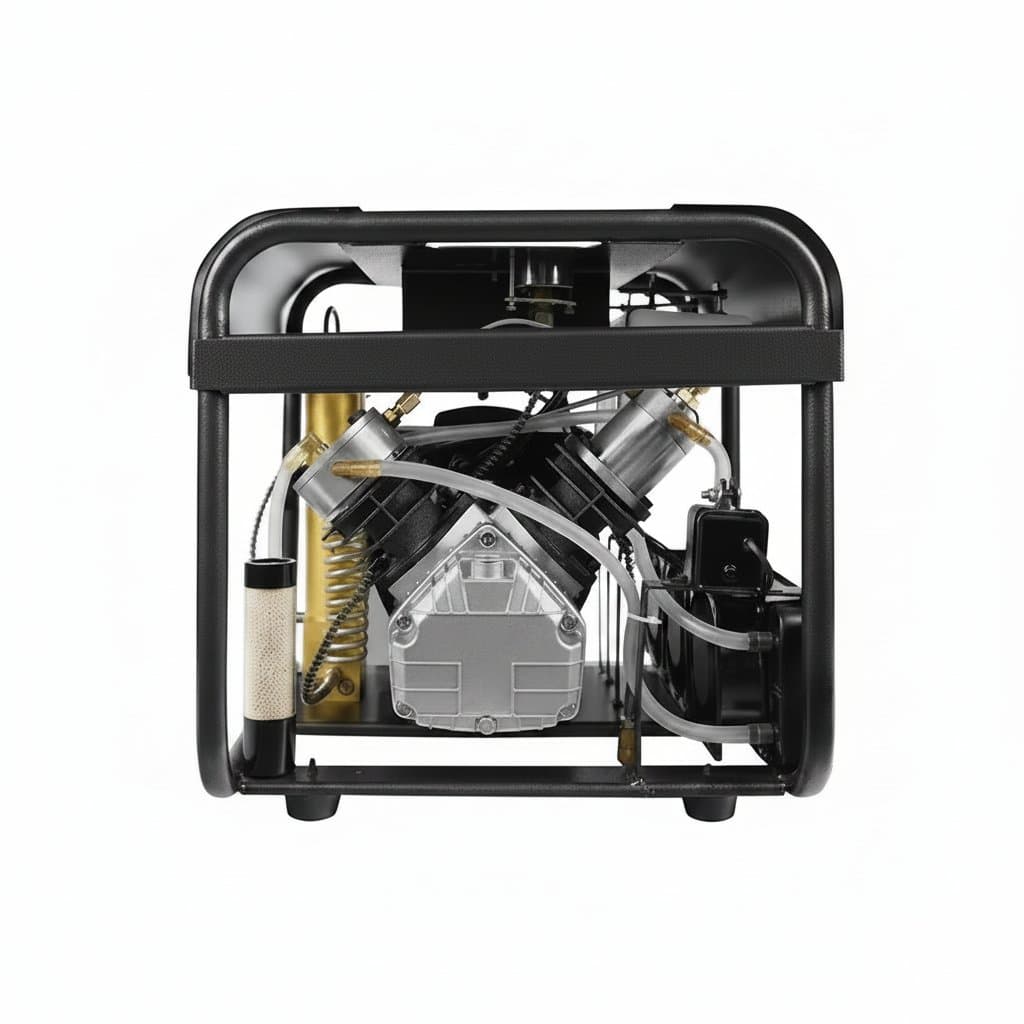 A high-pressure 4500 PSI (300 bar) PCP air compressor with auto-stop function, built-in water cooling, and filter for scuba tanks or rifles.