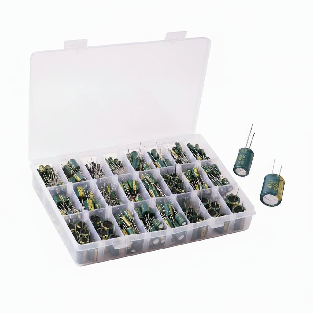 100-piece assortment of 50V monolithic ceramic capacitors, values from 10pF to 10uF including 104, 105, and 106.