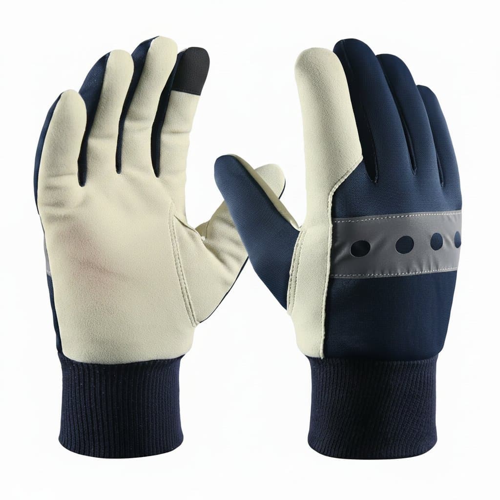 Winter work glove with synthetic palm and reinforced padding at thumb crotch for protection during cold weather tasks.