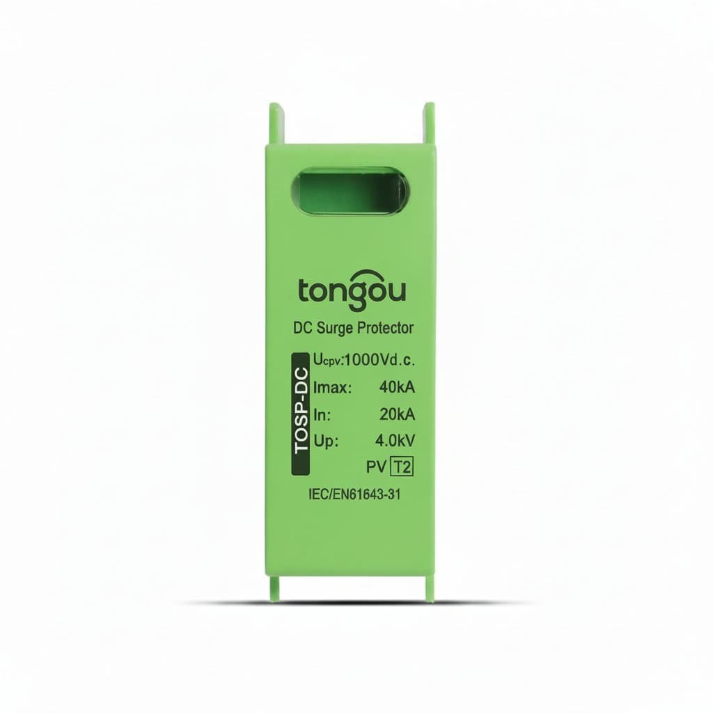 TONGOU 1000V DC Surge Protective Device for solar PV systems, a 2P 20KA-40KA voltage protector and lightning arrester in its packaging.