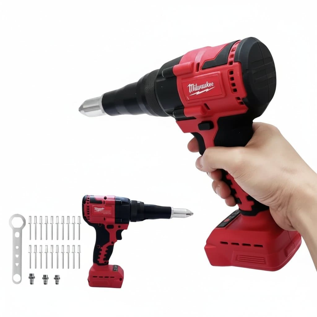Milwaukee 4.8mm cordless brushless rivet gun with automatic feeding, LED light, and compatible with 18V batteries.