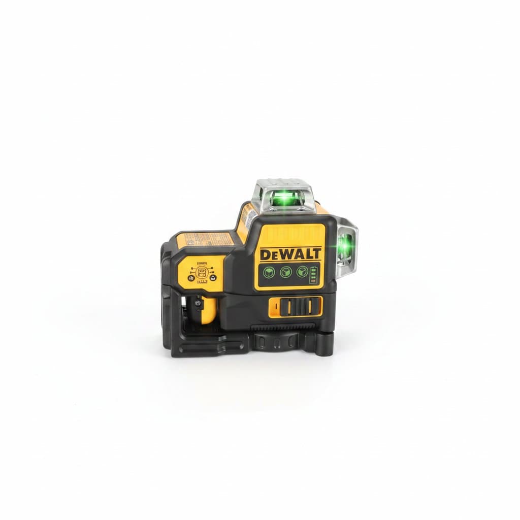 DEWALT DW089LG 12V green beam 3x360 laser level with hard case, showing its three plumb and level lines.