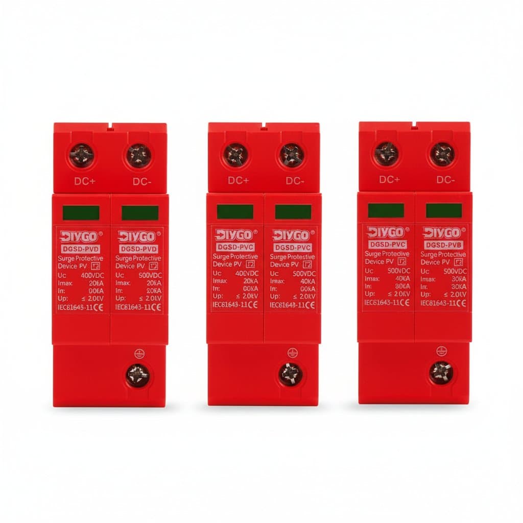 DC SPD Surge Protector Device for solar PV systems, rated 20kA to 60kA with 500V to 1000V protection for low-voltage arresters.