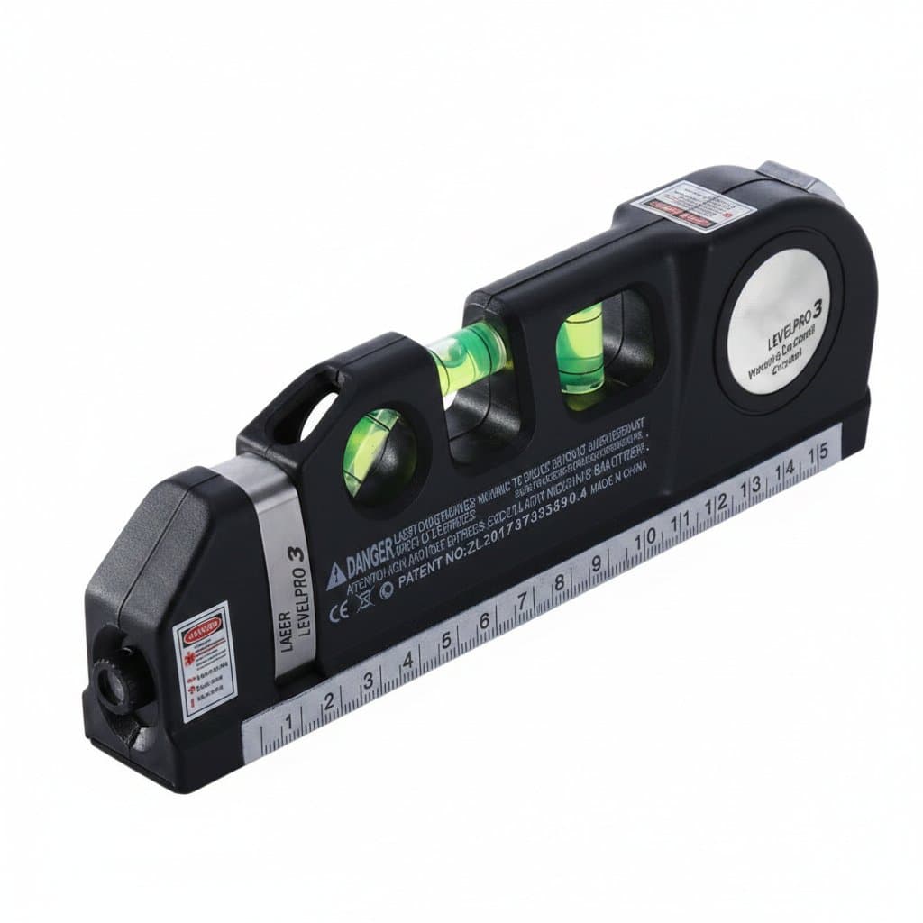 Laser Level Tool with cross-line laser, 8-foot measuring tape, and metric rulers for precise multipurpose leveling and alignment.