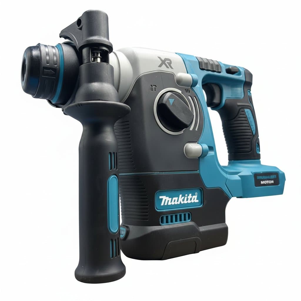 Makita cordless brushless hammer drill with battery, showing ergonomic grip and drilling mode selector on a workbench.