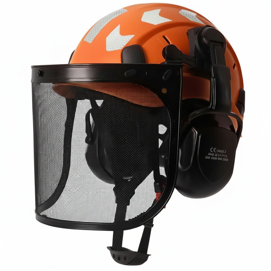 Protective full-face mesh shield mask attached to forestry chainsaw safety helmet with reflective stickers for brushcutter and trimmer work.
