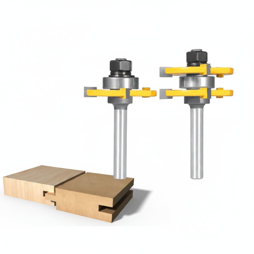 Two-piece router bit set with 47mm cove profile and tongue-and-groove design for woodworking face milling and decorative edge work.