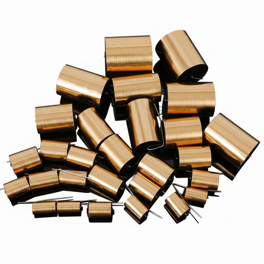 Metallized polypropylene MKP audio capacitor for loudspeaker power amplifier coupling and frequency division, showing gold leads and red casing.