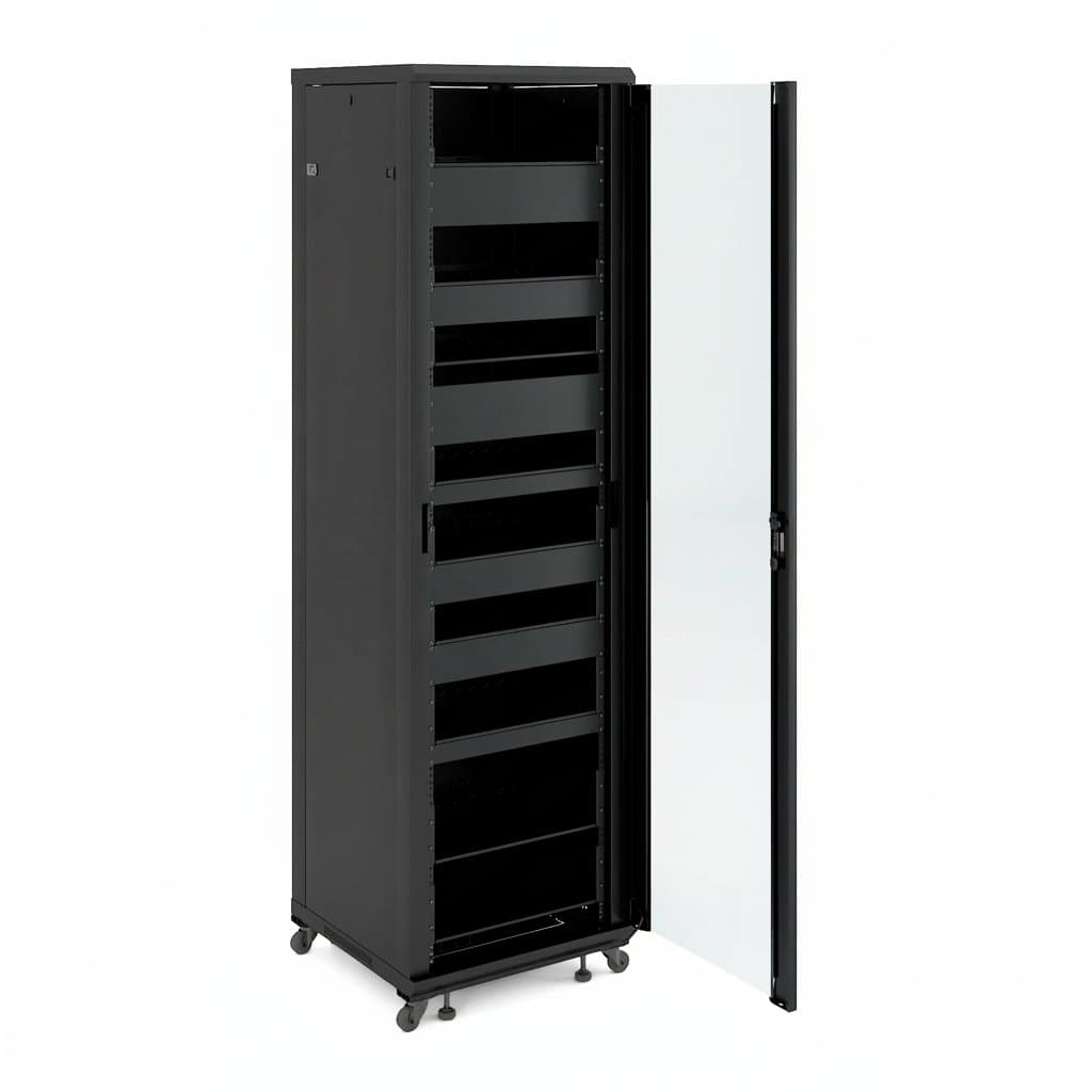 23 Inch 48U Freestanding Outdoor Server Rack for medium voltage network equipment, featuring a robust steel cabinet with lockable doors.
