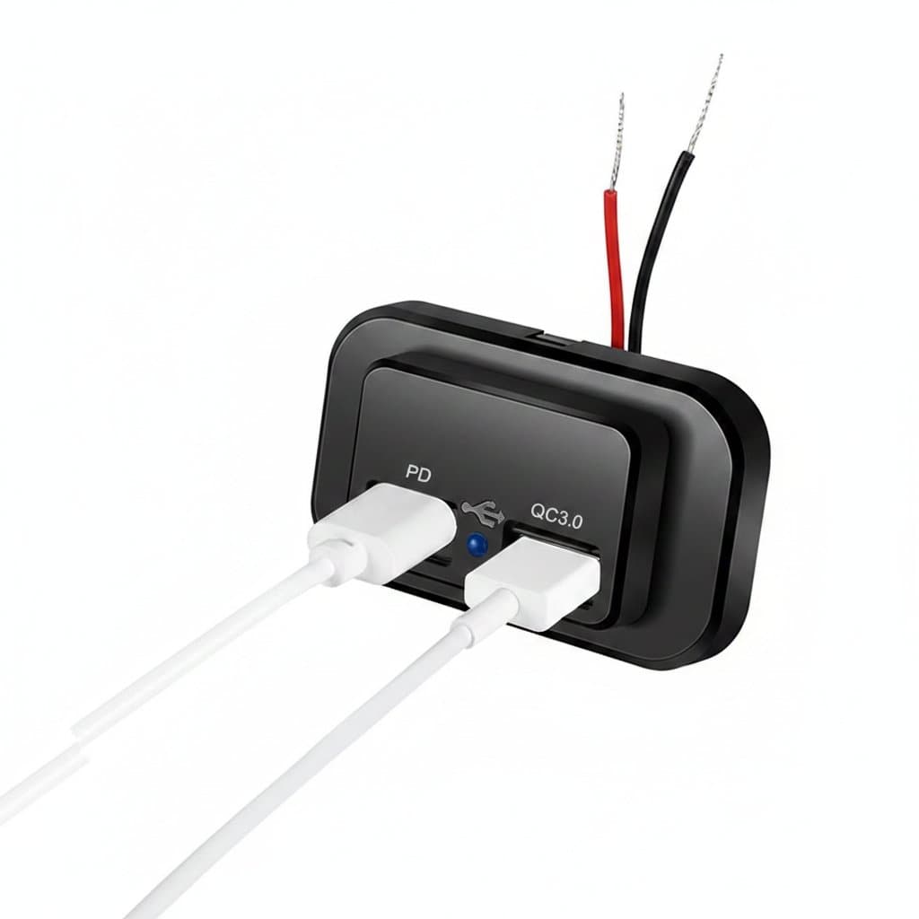 A PD QC3.0 96W dual USB car charger socket with switch and LED light, not a spark plug socket, for 12V/24V vehicles.