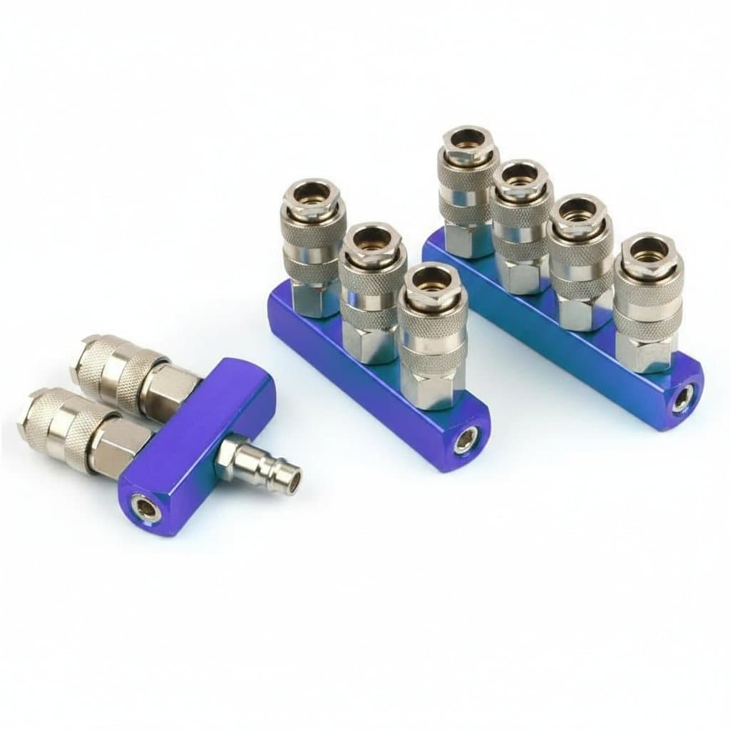EU Type G1/4 Pneumatic Manifold Splitter Coupler in 2, 3, and 4 port configurations for air compressor lines.