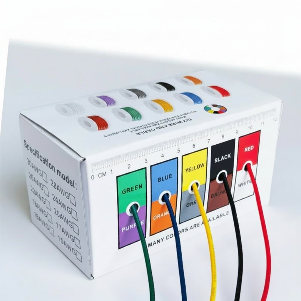 16-30AWG silicone electronic wire in five colors, showing tinned copper strands and spool packaging for DIY projects.