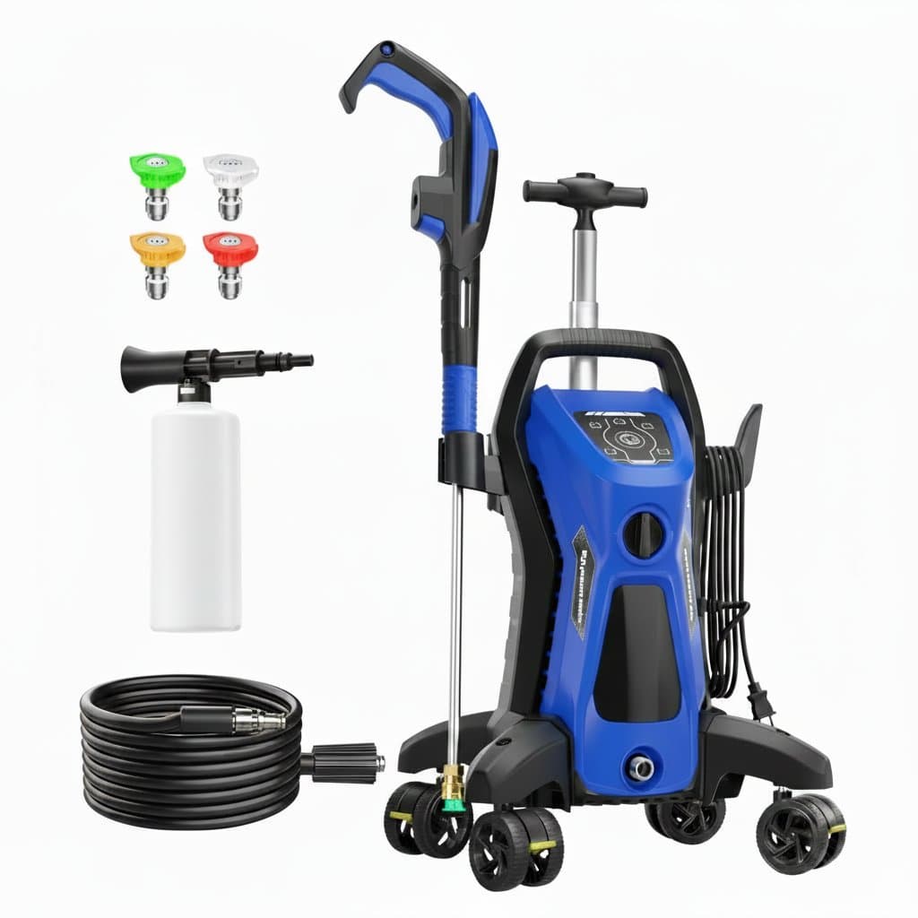 Electric pressure washer with 5000 PSI, 2.9 GPM, upgraded spray handle with smart control, and four anti-tipping wheels.