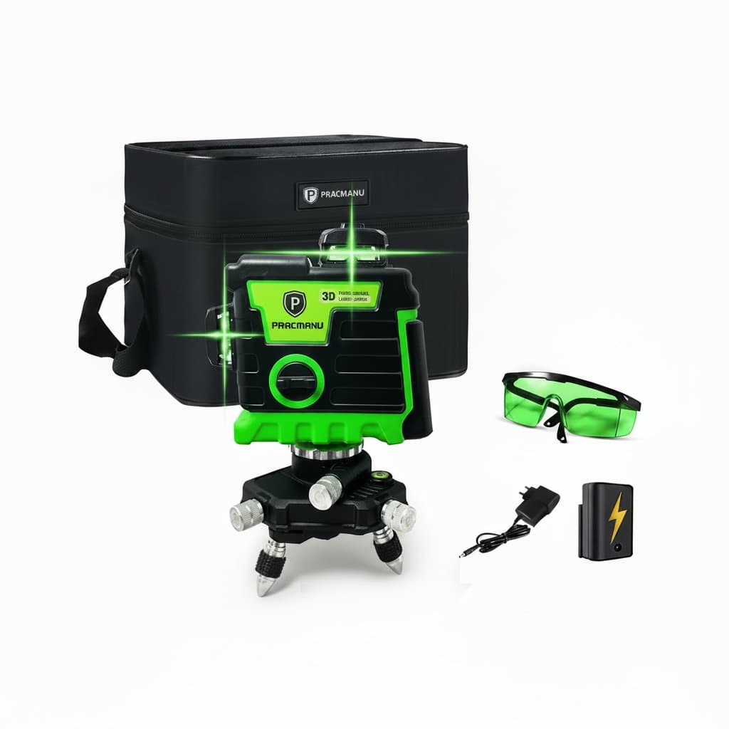 Pracmanu 12-line 3D laser level with self-leveling horizontal and vertical cross lines using powerful green beams.