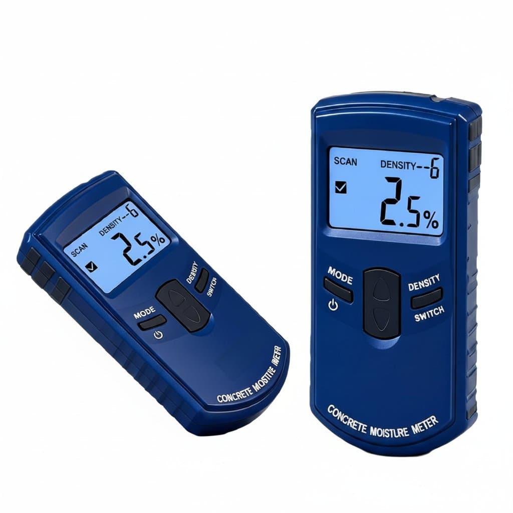 MD917 pinless concrete moisture meter with non-destructive scanning for walls, floors, wood, and paper, featuring LCD alarm and auto-calibration.