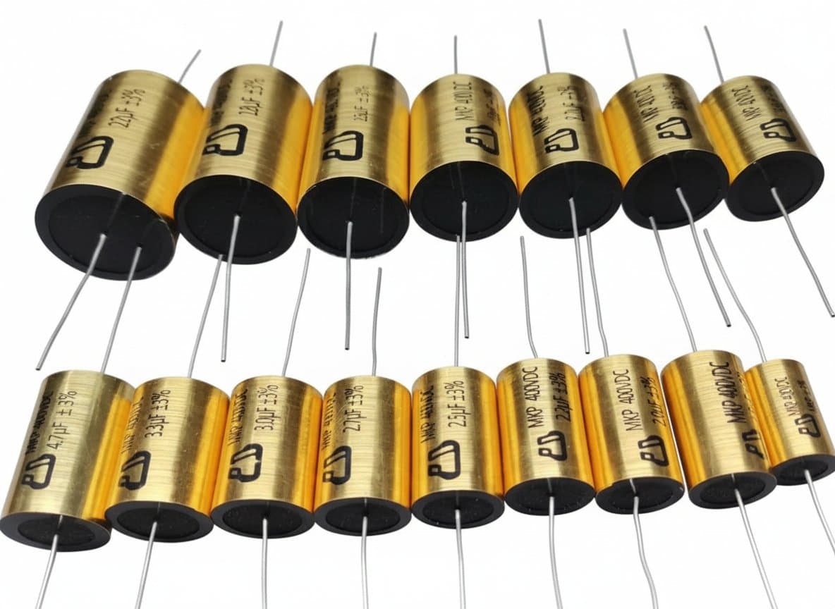 Metallized polypropylene MKP capacitor for audio crossover networks, 400V rating, with gold-plated copper leads and clear epoxy coating.