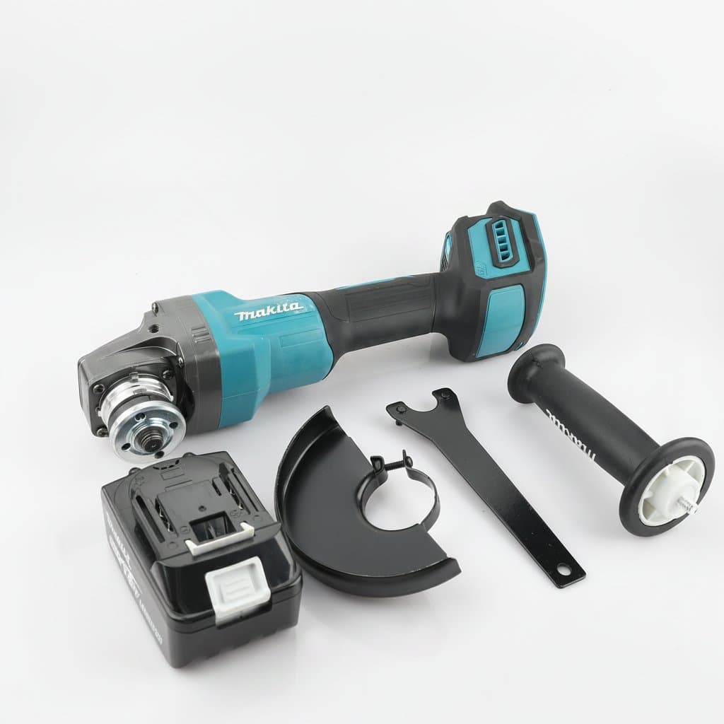 Makita GA035G brushless angle grinder with high-power lithium battery, shown cutting a metal pipe with sparks.