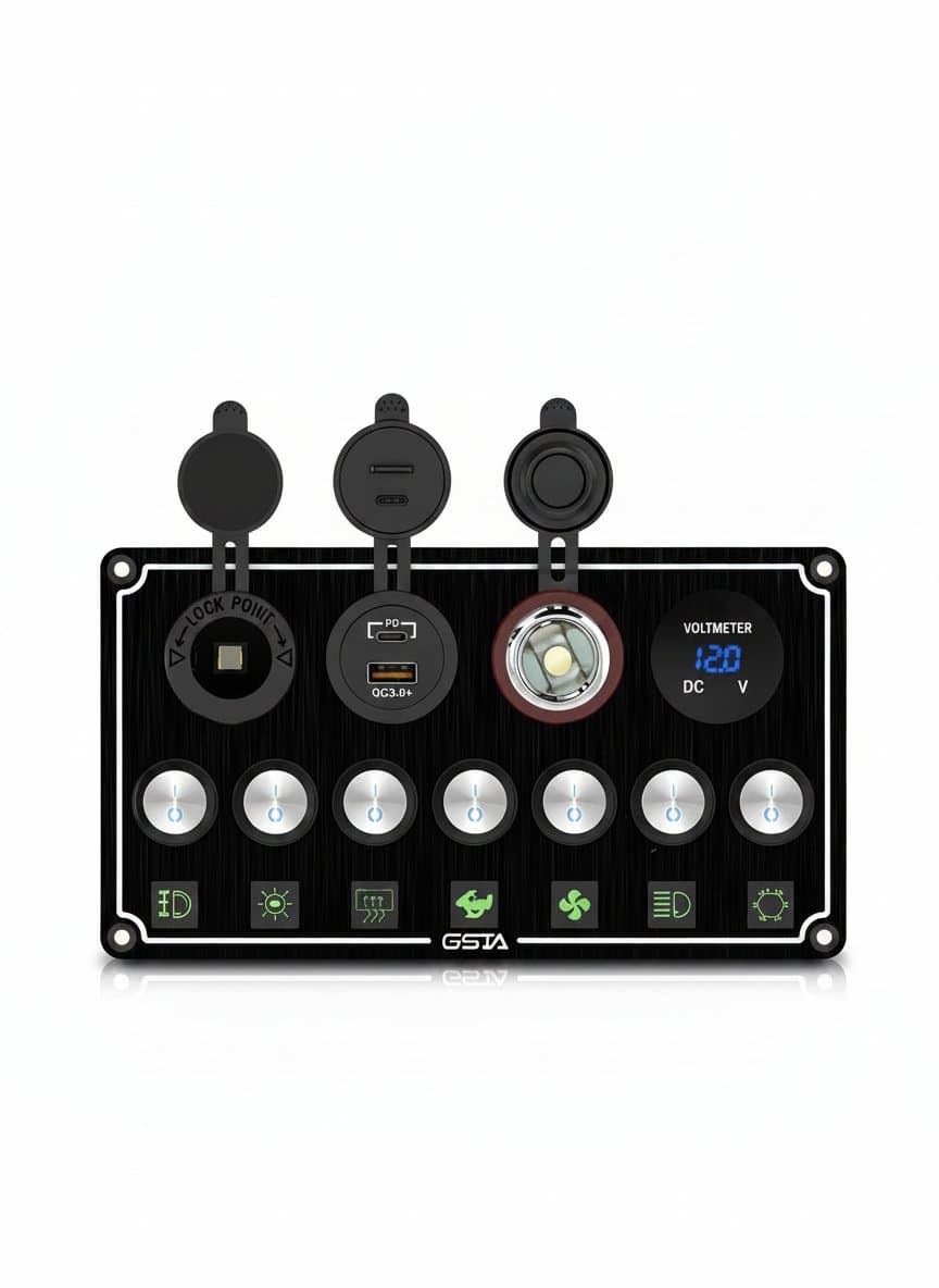 Metal LED car switch panel with 4 to 8 rocker toggles for controlling lights and accessories in automotive, marine, and RV applications.