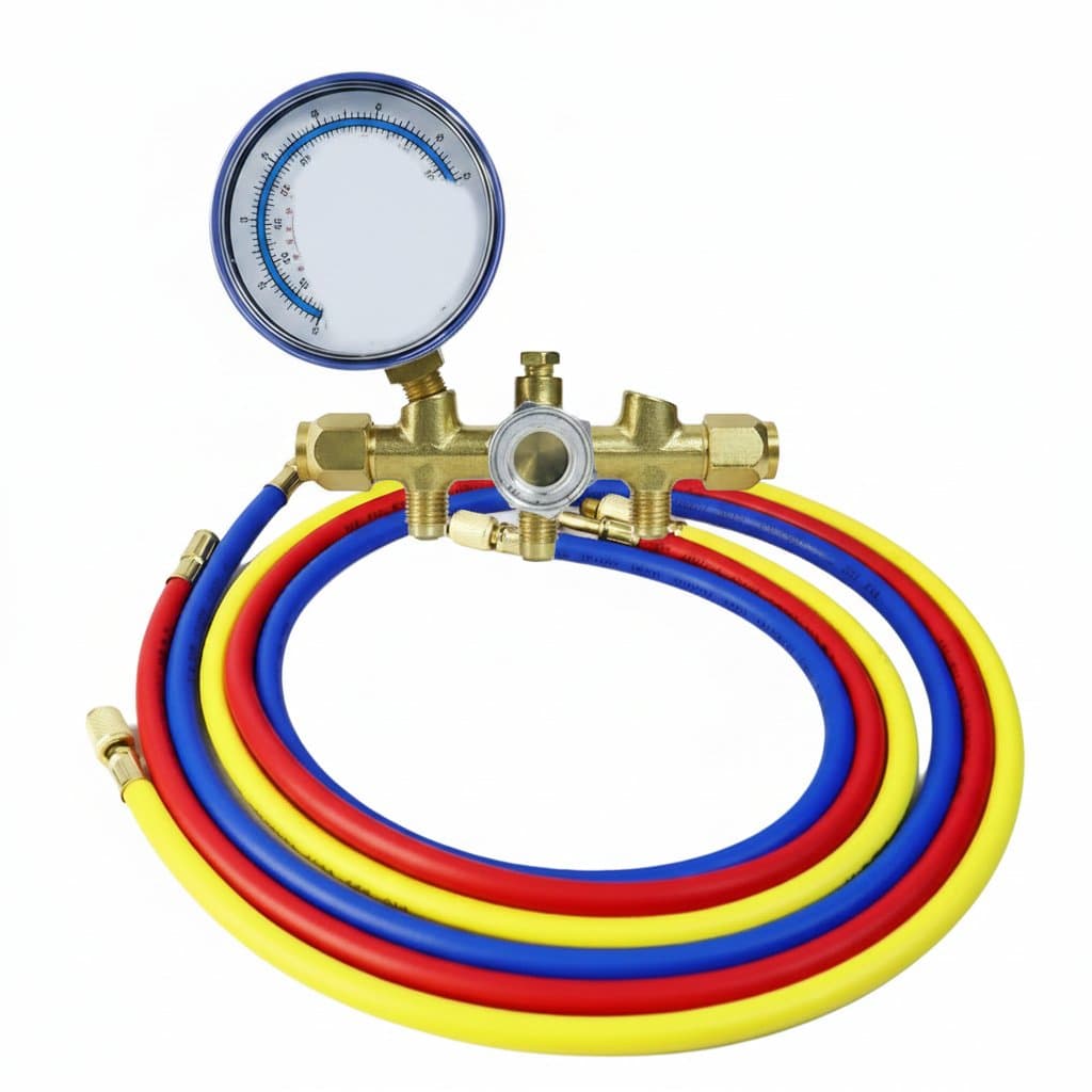 Air Conditioning Pressure Gauge with Hose and Hook, 3 Way AC Diagnostic Manifold Gauge Set, a complete car AC recharge kit.