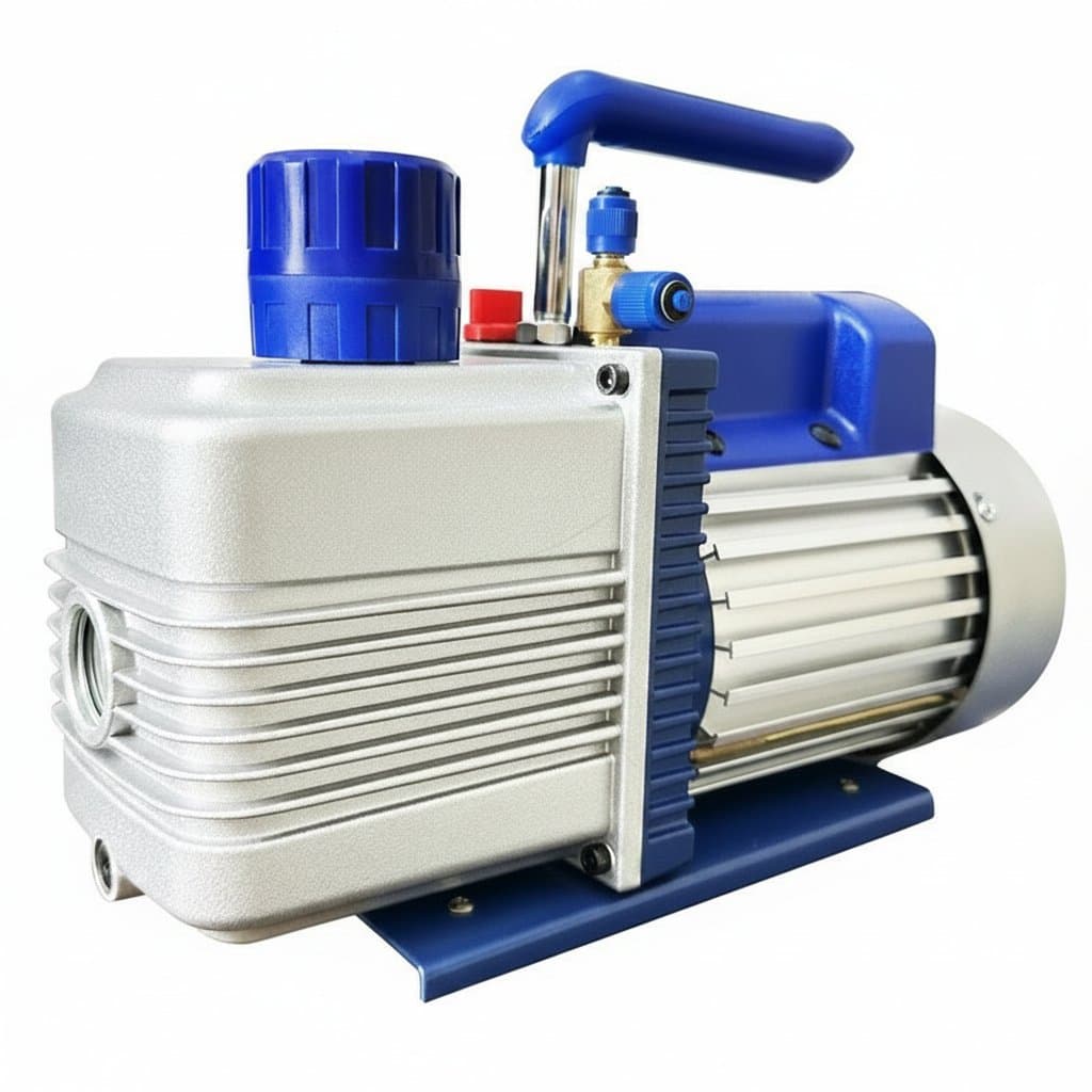 Single-stage rotary vane vacuum pump for automotive AC, home refrigerators, and air conditioning refrigerant vacuuming and refilling.