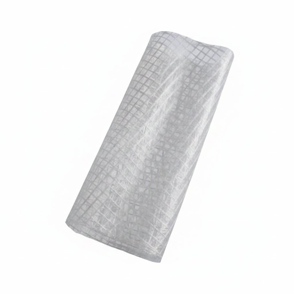 Clear PVC Tarpaulin: close-up of transparent, grid-patterned material on a light background.