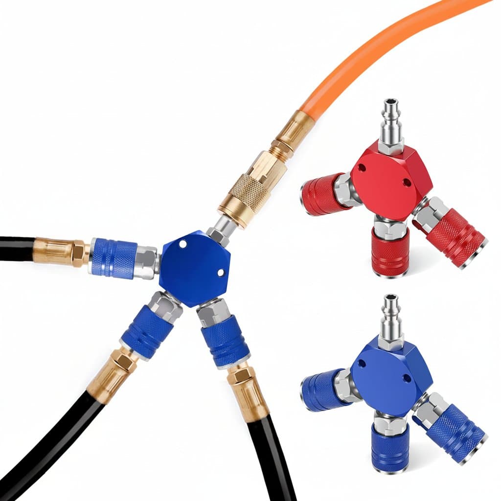 3-Way 1/4 Inch Air Manifold with coupler and plugs, a durable brass air splitter for quick-connect compressor hose fittings.