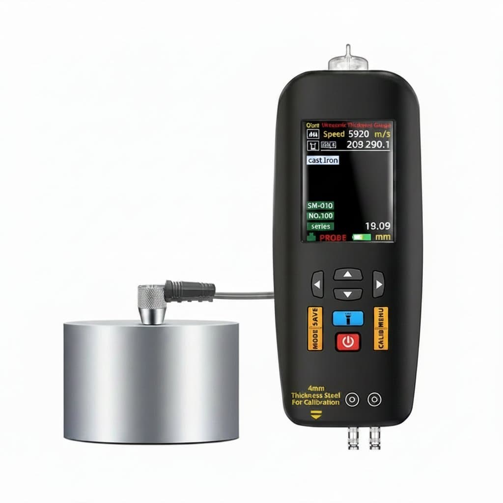 GM100 Ultrasonic Thickness Gauge with digital LCD display, measuring 1.2 to 225mm on steel with 0.1mm resolution.