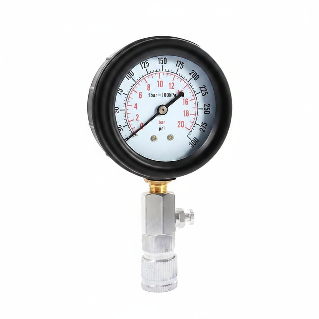 A comprehensive 0-300 PSI petrol gas engine cylinder pressure gauge automotive tool kit, ideal for diagnosing engine health and a perfect addition to any brake bleeder kit.
