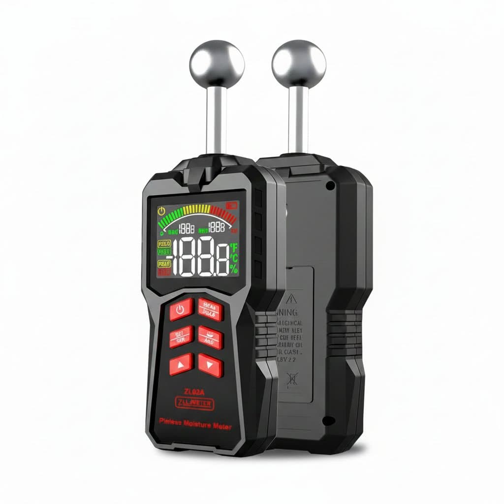 Pinless moisture meter with ball probe and color LCD, featuring a 0-100% RH range and alarm for wood, walls, concrete, masonry, and gypsum.