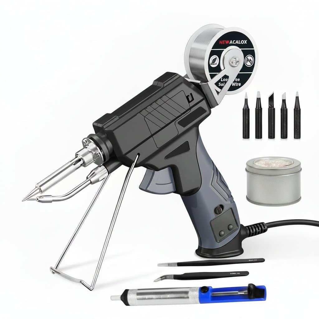 Toolour adjustable temperature LCD soldering iron kit with digital display, showing the iron, stand, and accessories for welding repair.