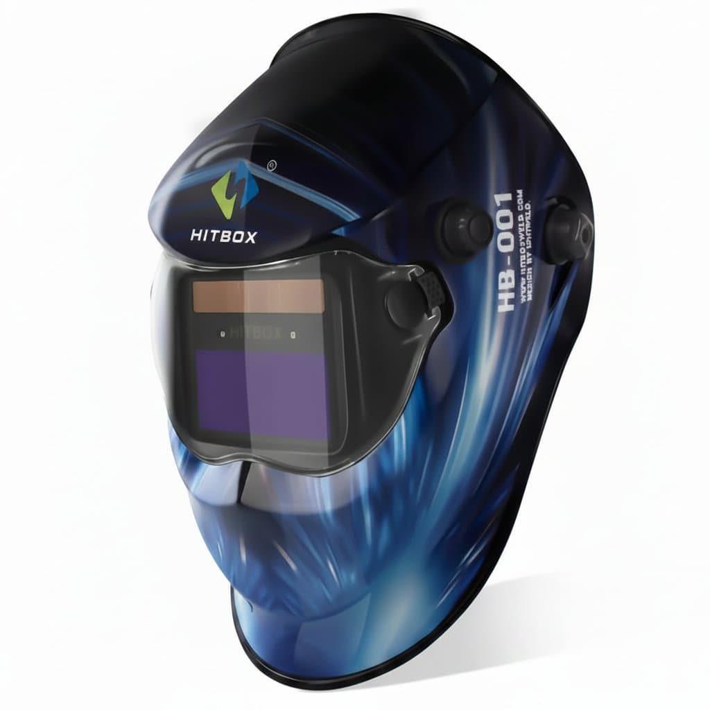HITBOX True Color Welding Helmet with automatic darkening lens for MIG, TIG, and ARC welding, featuring a super large viewing area.