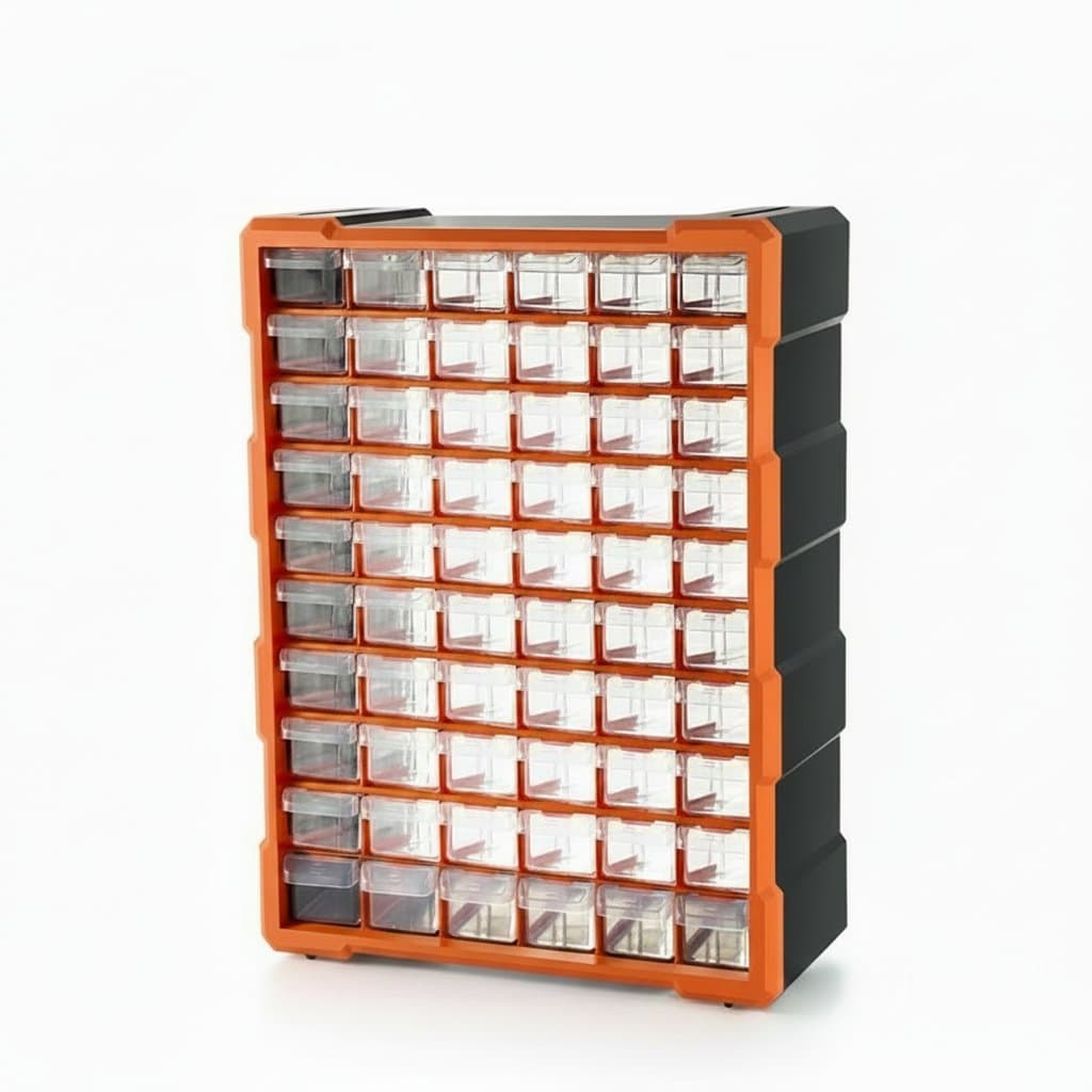 A transparent drawer-type parts cabinet with 60 grids for organizing screws, accessories, and small components in a toolbox.