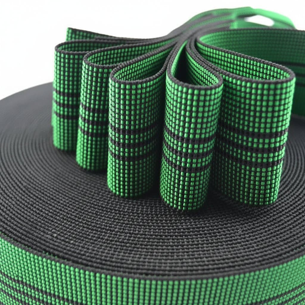 Webbing Upholstery Strapping: Hand holding a roll of green and black webbing.