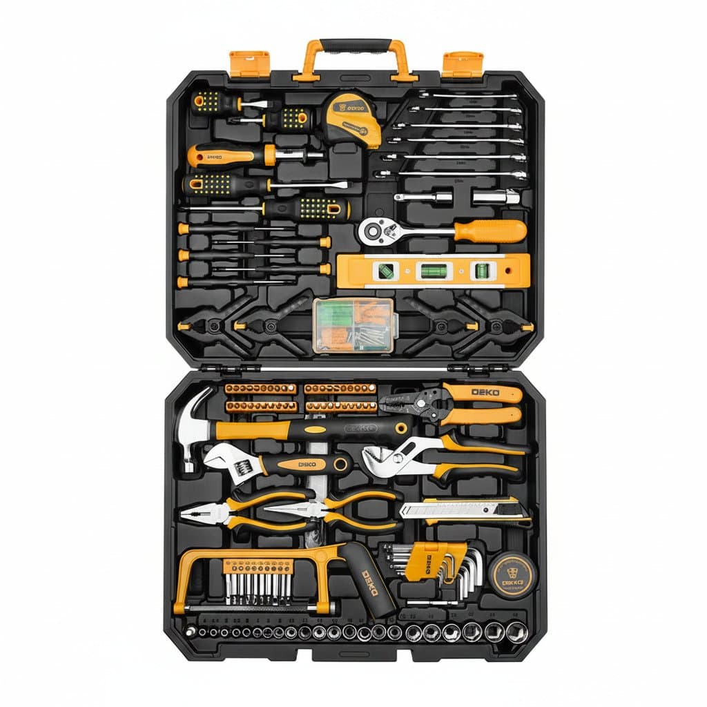 DEKO 228-Piece Socket Wrench and Hand Tool Set in a durable plastic storage toolbox, featuring ratchets, sockets, and combination wrenches.