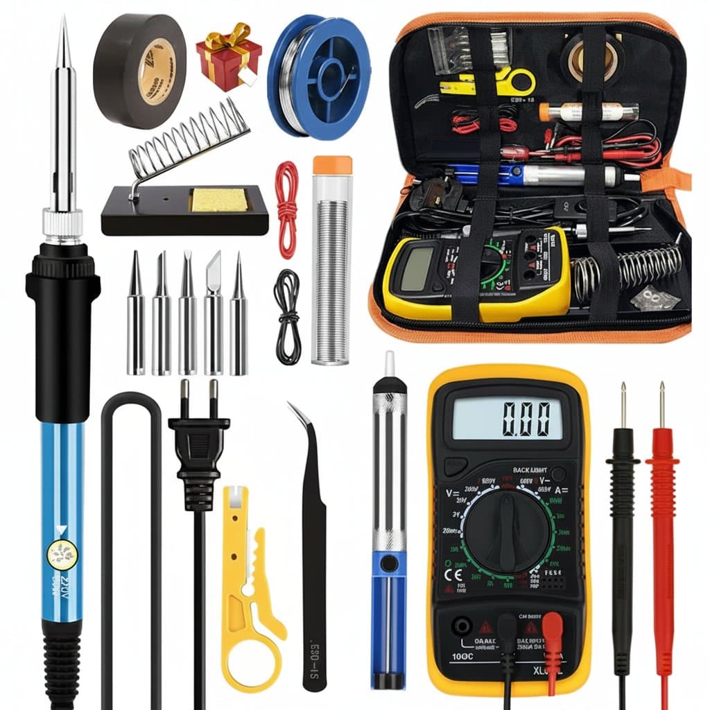 2025 Electric Soldering Iron 60W with adjustable temperature control and replaceable soldering tip, presented in a professional welding kit.