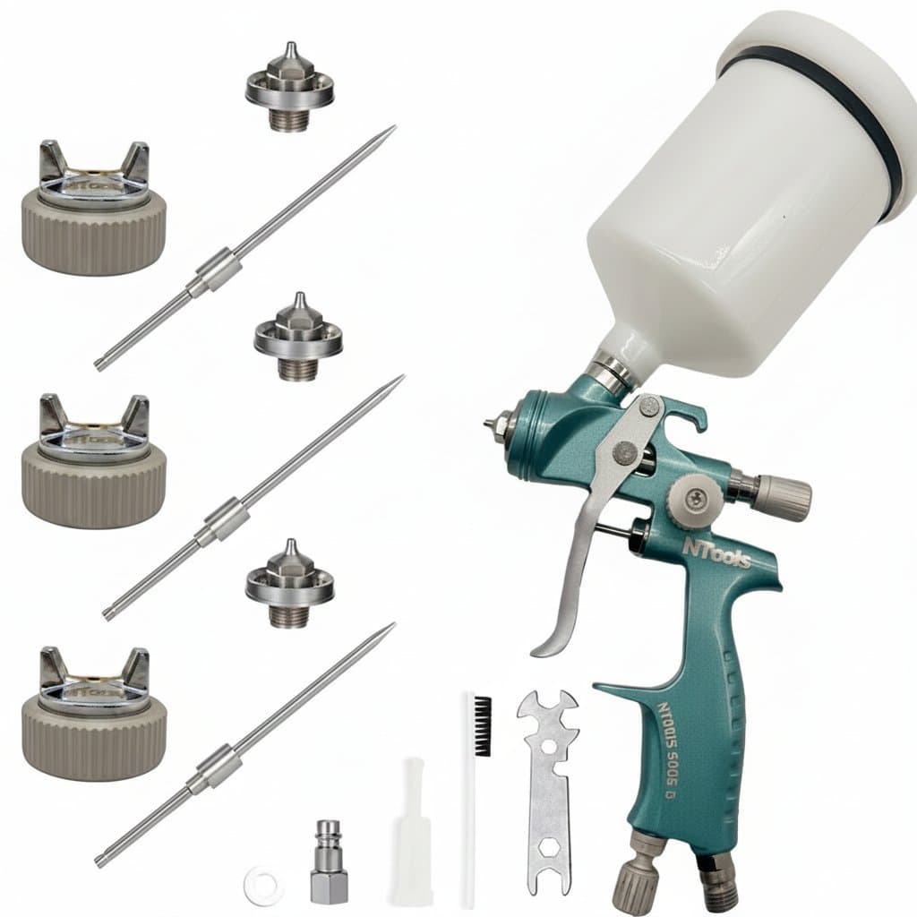 An HVLP paint spray gun for automotive repair, featuring interchangeable nozzles in sizes from 1.3mm to 2.0mm for versatile painting applications.