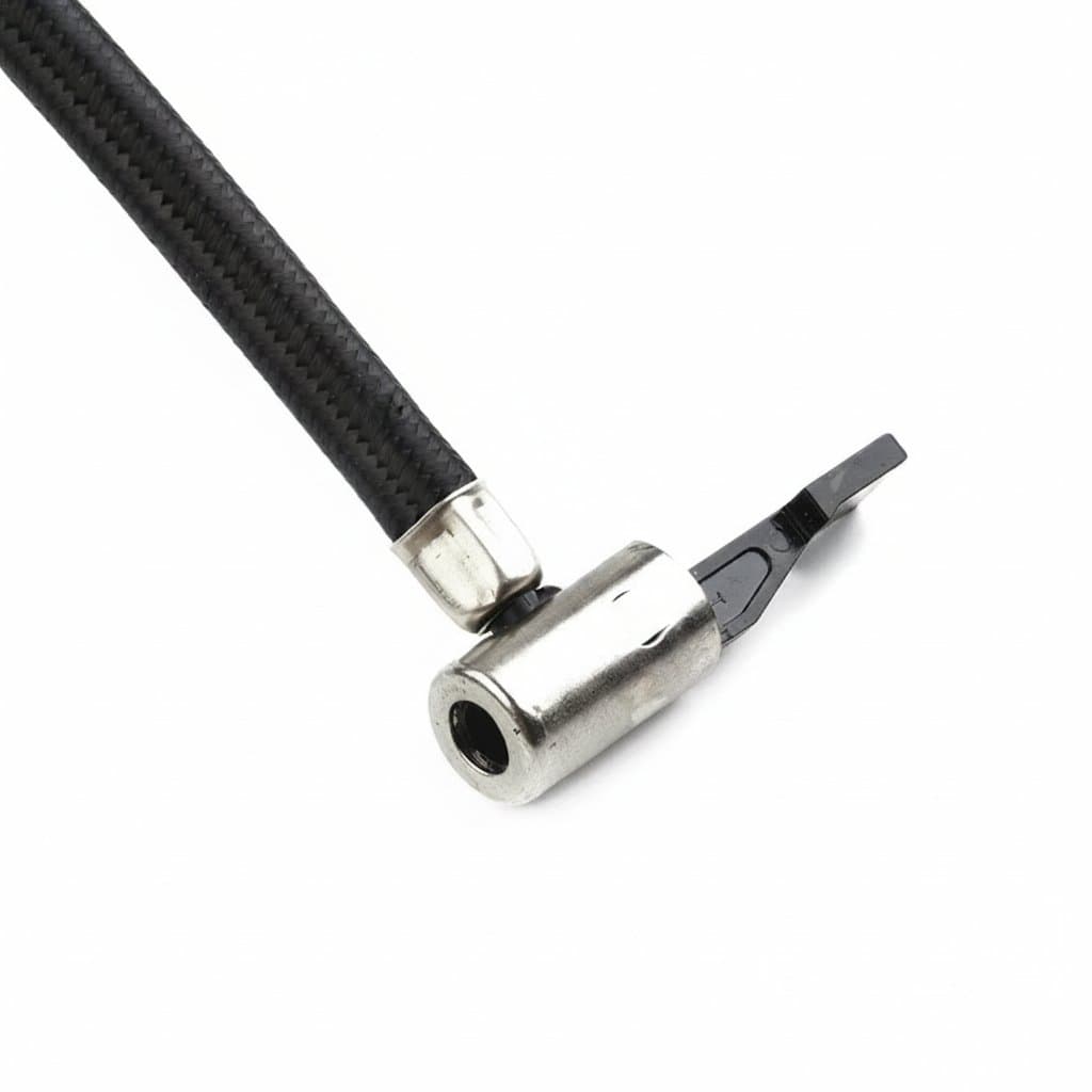 Digital tyre inflator air pump hose with valve connector on white.