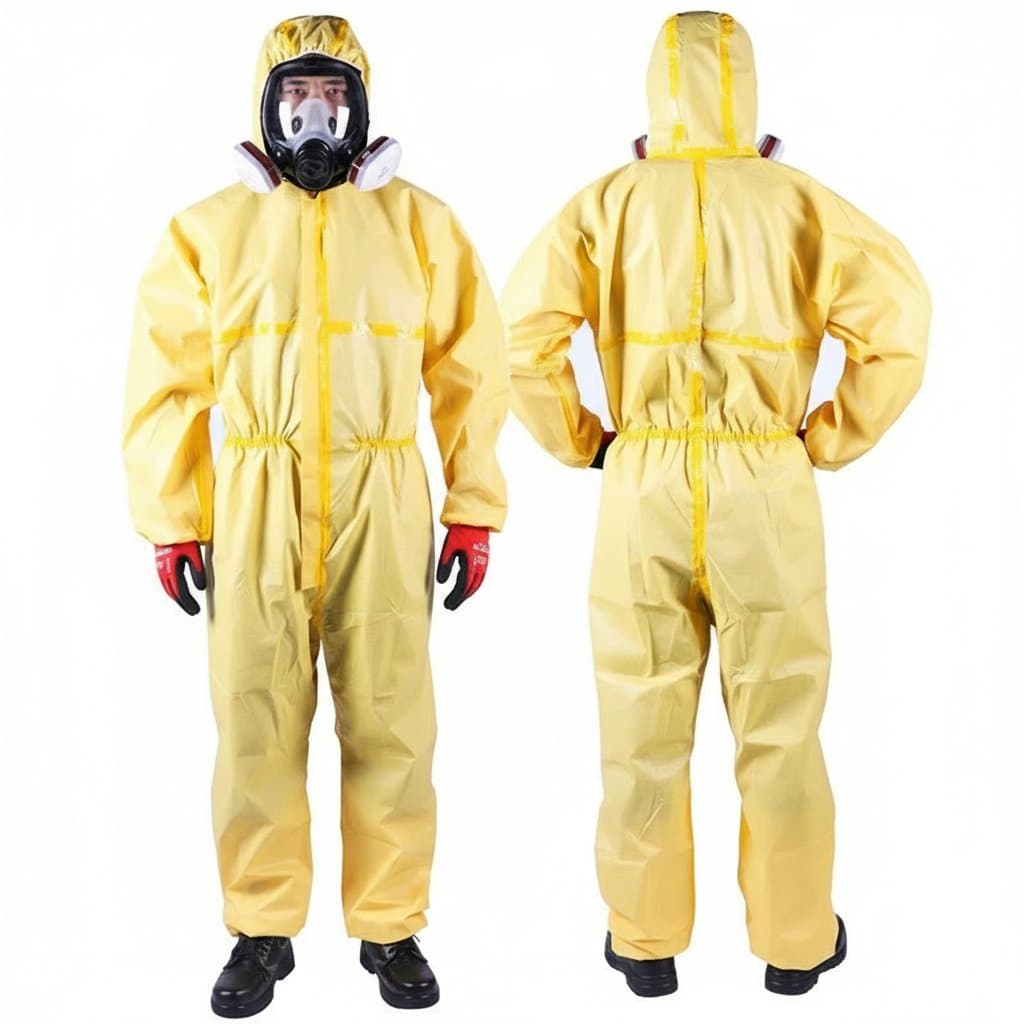 Chemical Protective Suit: yellow hazmat suit with respirator, front and back views.