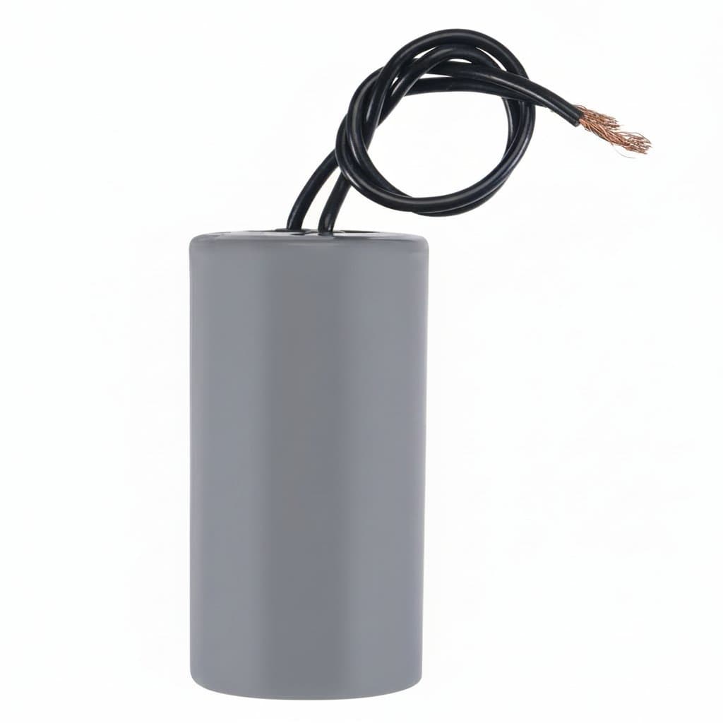 Uxcell CBB60 12uF 450V AC run capacitor with two wires, cylindrical metal case for air compressor and water pump motors.