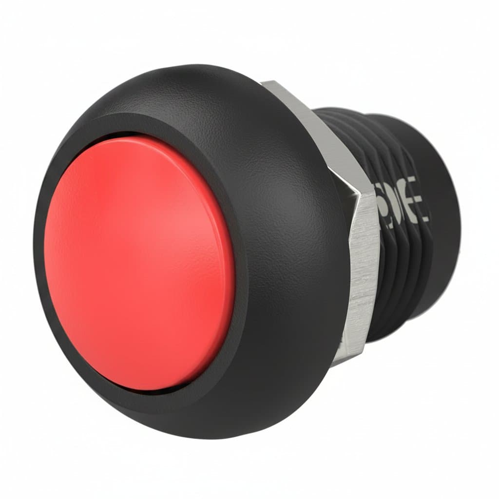 12mm momentary and latching push button switch with a 1/2 inch mounting hole, featuring a black anti-vandal metal cap and silver bezel.